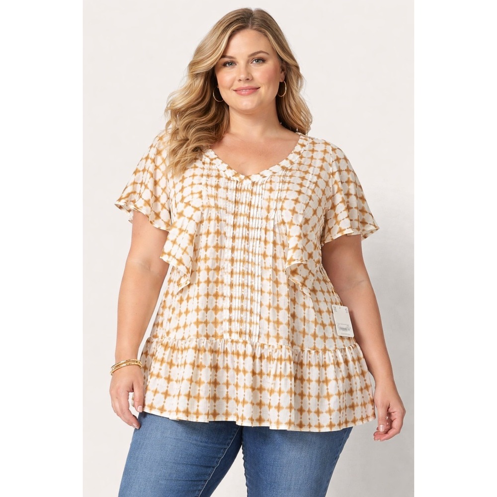 ana A New Approach NWT Women 3X Indy Shibori Cotton Peplum Flutter‎ Sleeve Top